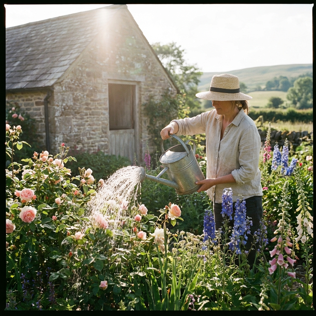 Sarah watering flowers with a metal watering can